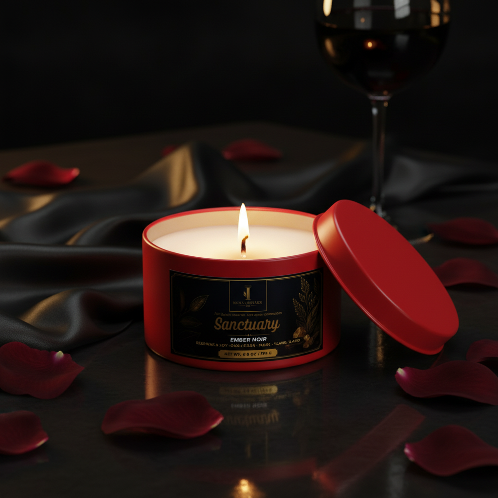 Ember Noir – Scarlet red tin open, cotton wick candle visible