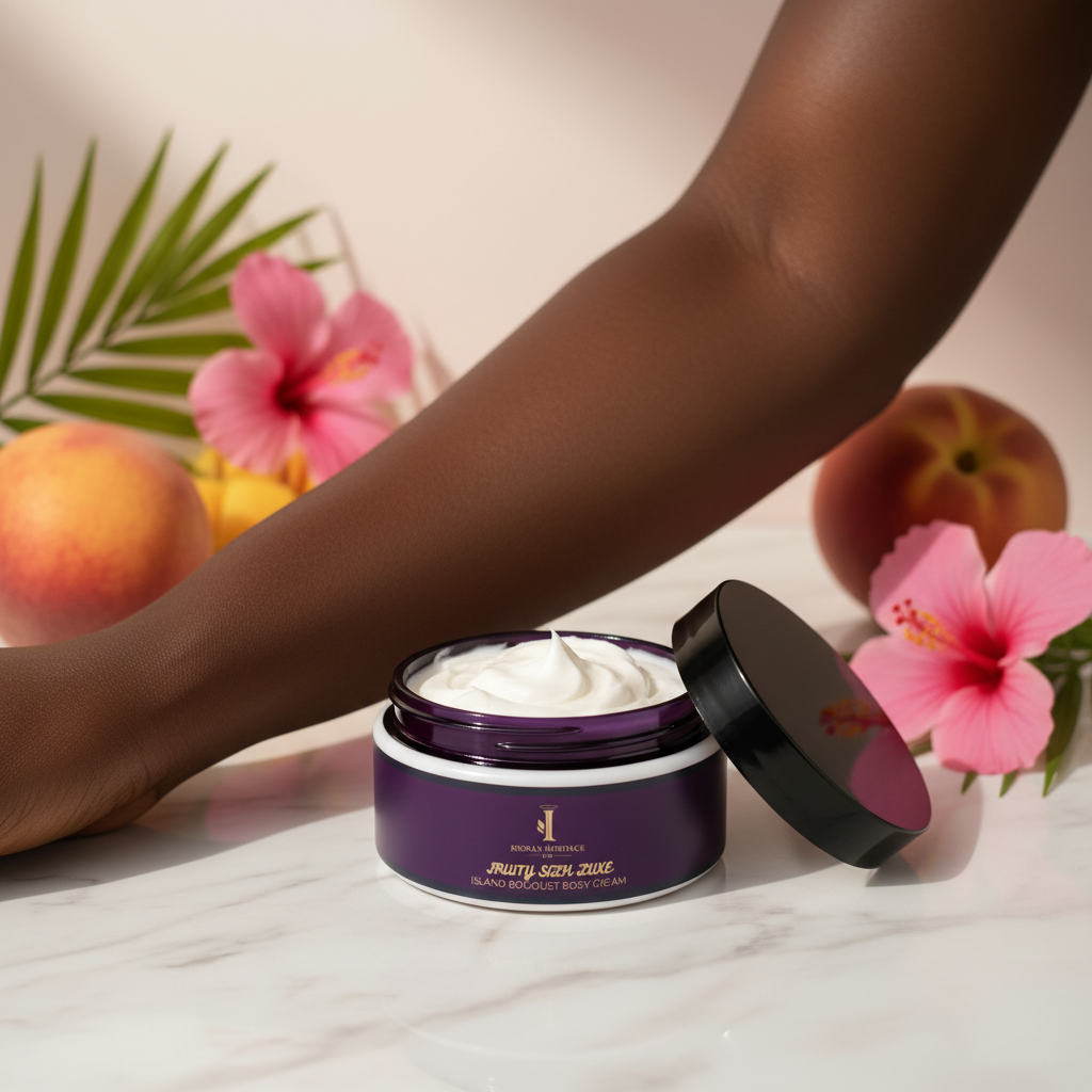 Fruity Silk Luxe – open jar with glowing luminous skin, Sunset Peach body cream lifestyle shot