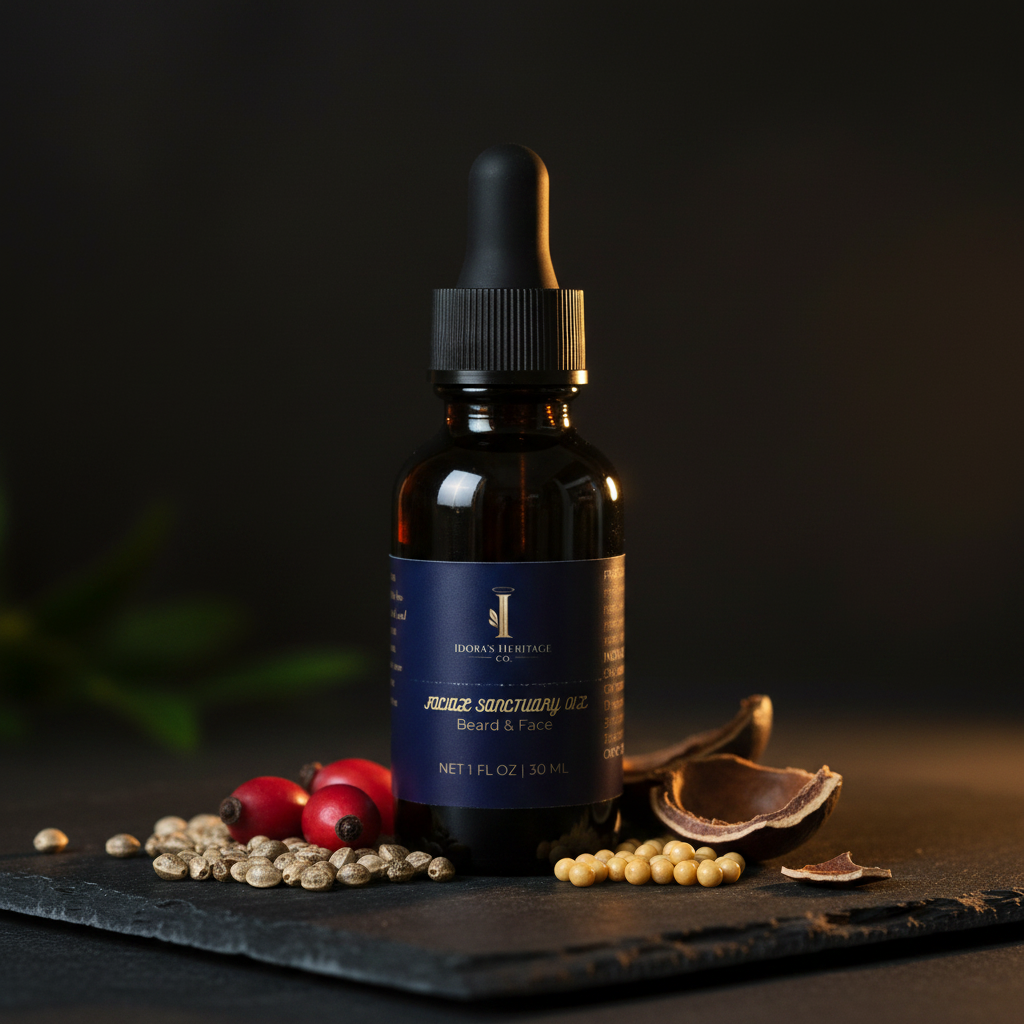 Facial Sanctuary Oil – moody lifestyle shot with botanicals, label visible