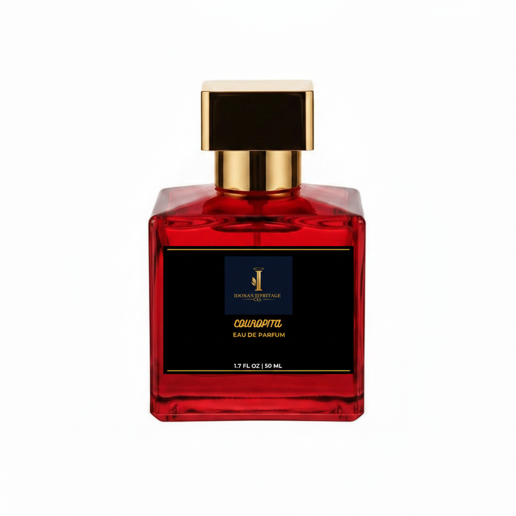 Couroupita Eau de Parfum – ruby red bottle with gold label, hero shot