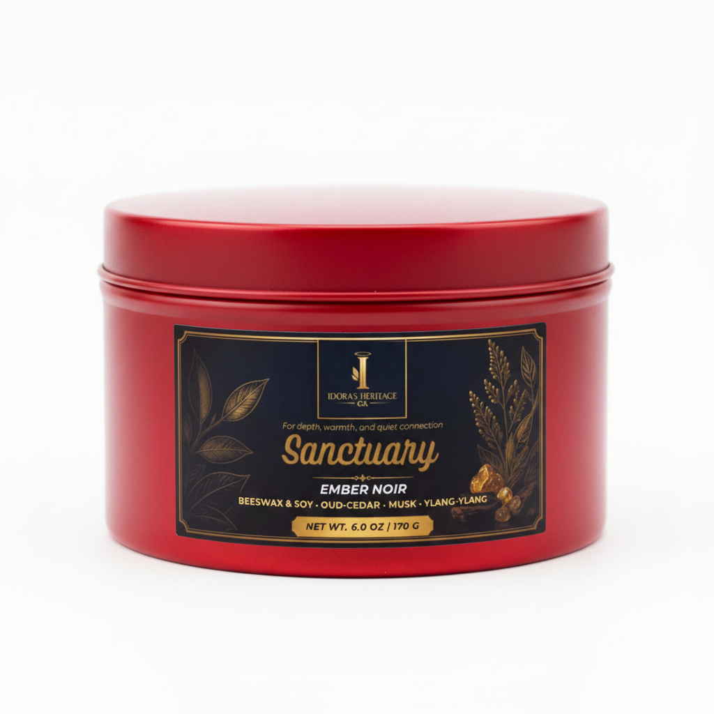 Ember Noir – Scarlet red tin, closed, with Sanctuary label
