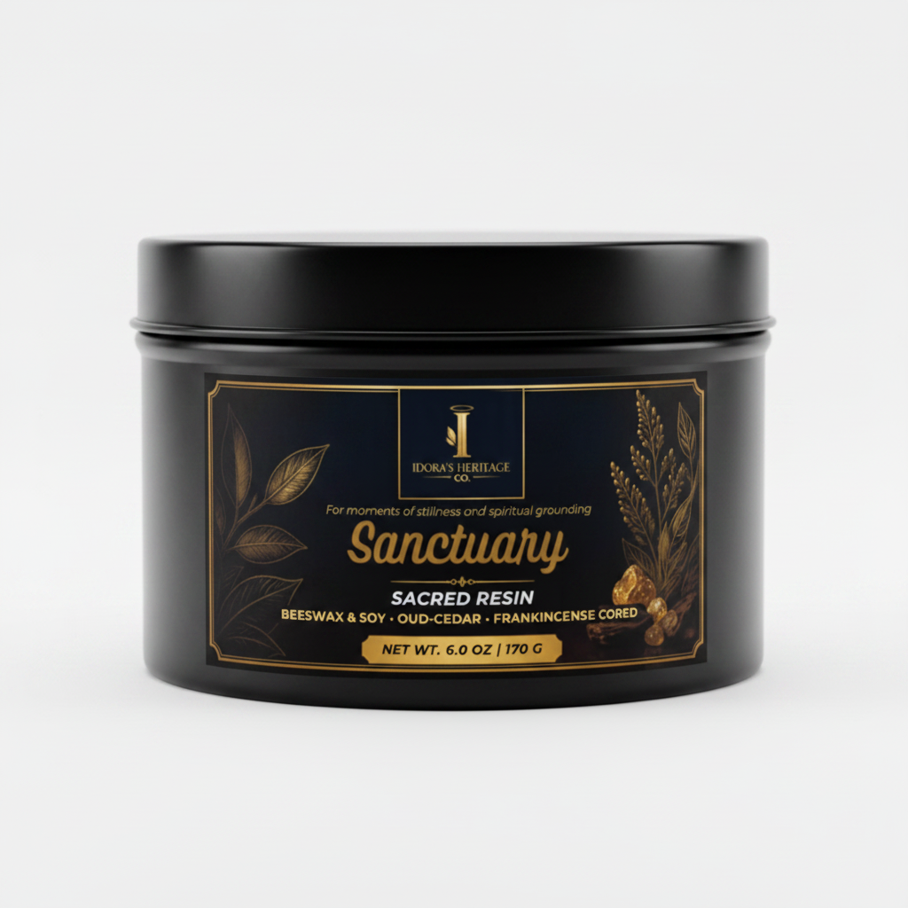 Sacred Resin – Black tin closed, Sanctuary label centered