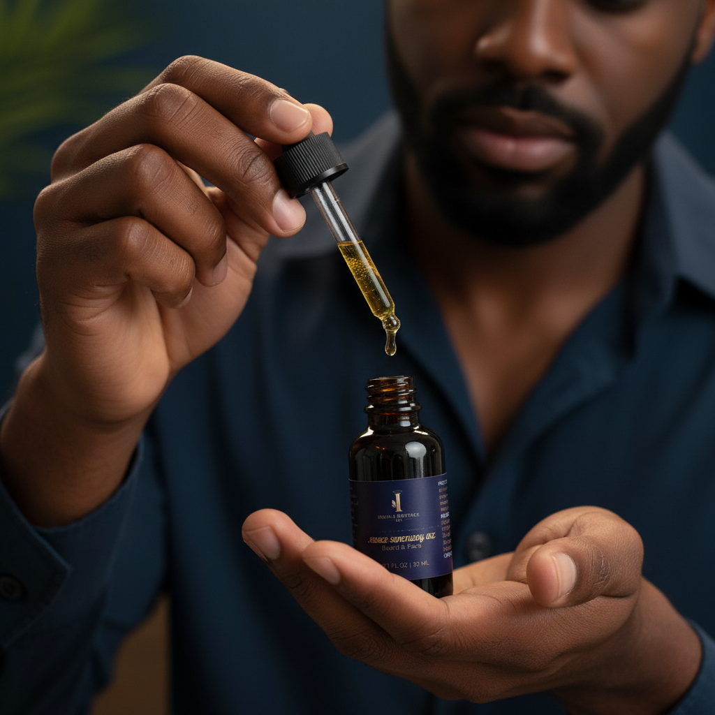 Facial Sanctuary Oil – in use, applying drops to hands before pressing into face and beard